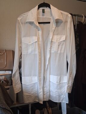Ralph Lauren White SHEER Utility Shirt Jacket with Patch Pockets